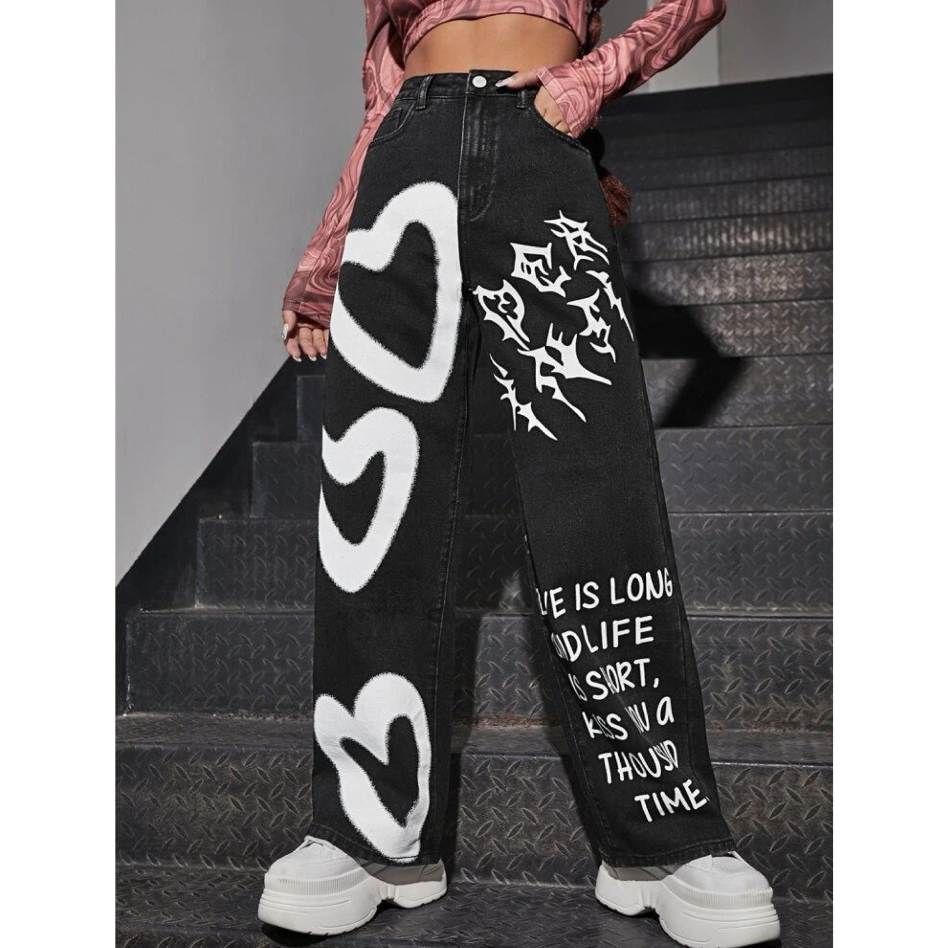 *New Arrival* Heart+Text Printed Wide Leg High Waist Jeans