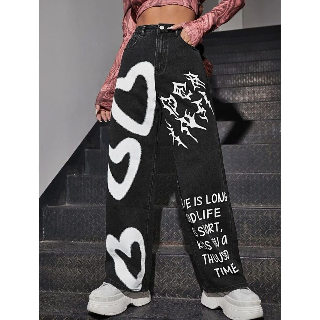 *New Arrival* Heart+Text Printed Wide Leg High Waist Jeans