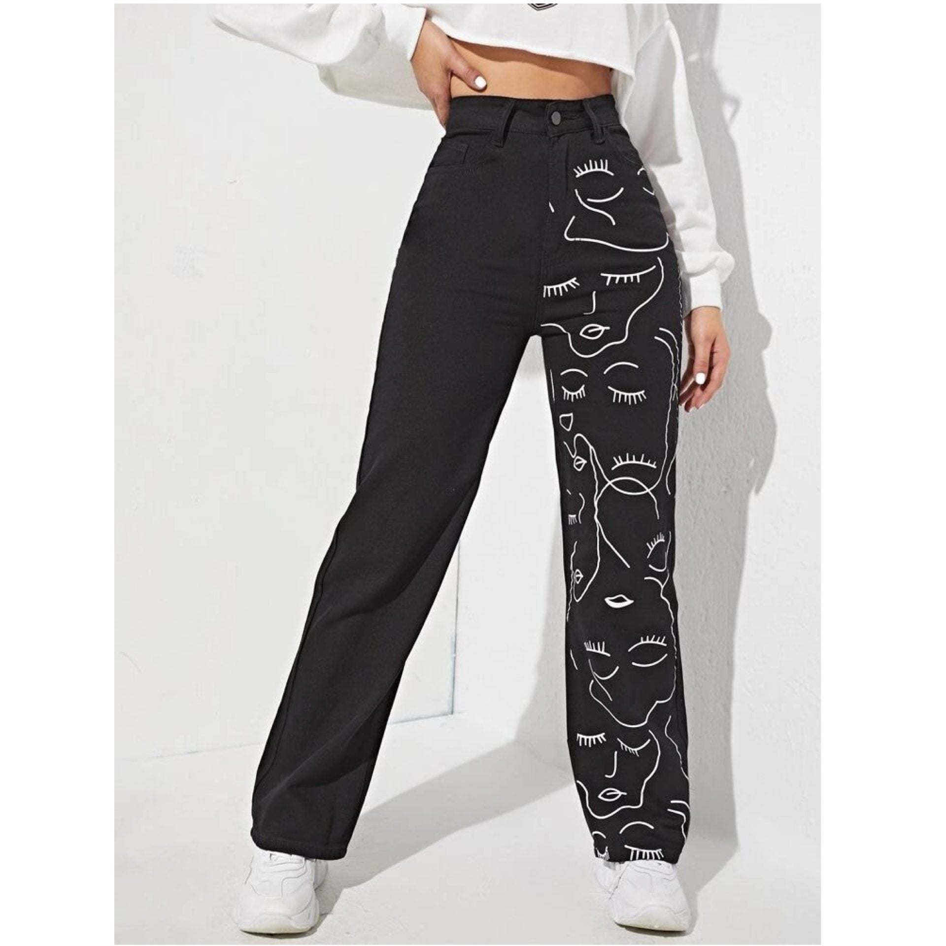 *New Arrival* Faces Printed Wide Leg High Waist Jeans