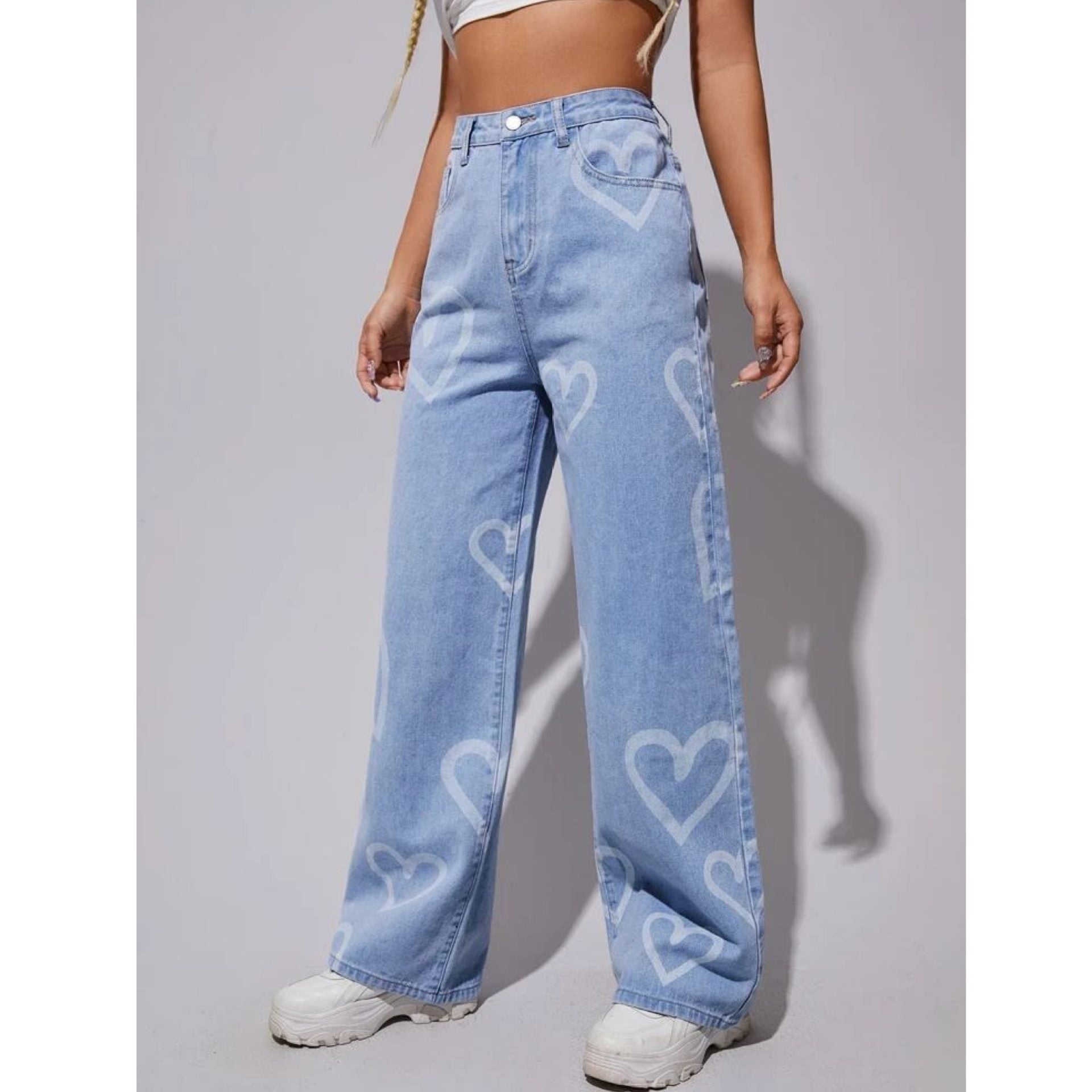 *New Arrival* All Hearts Printed Wide Leg High Waist Jeans