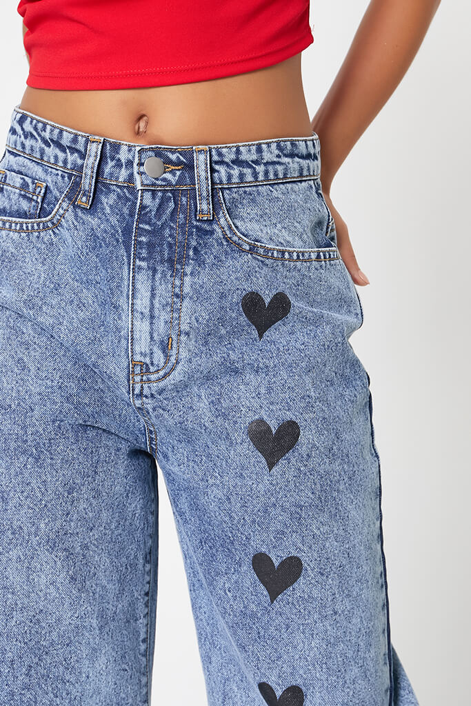 *Best Seller*Little Heart Printed Wide Leg High Waist Jeans