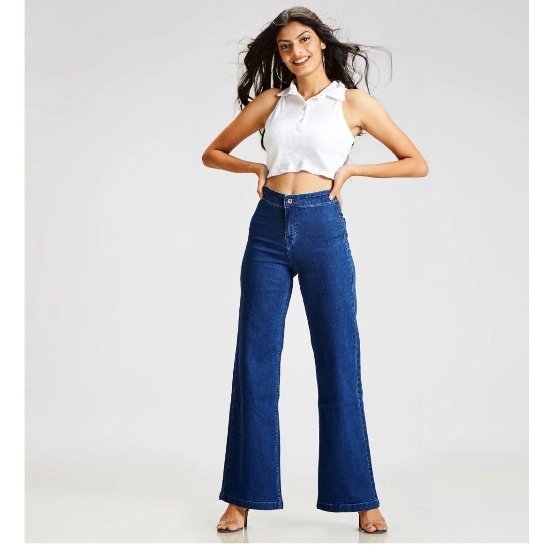 Mid Blue Extreme Wide Leg High Waist Jeans