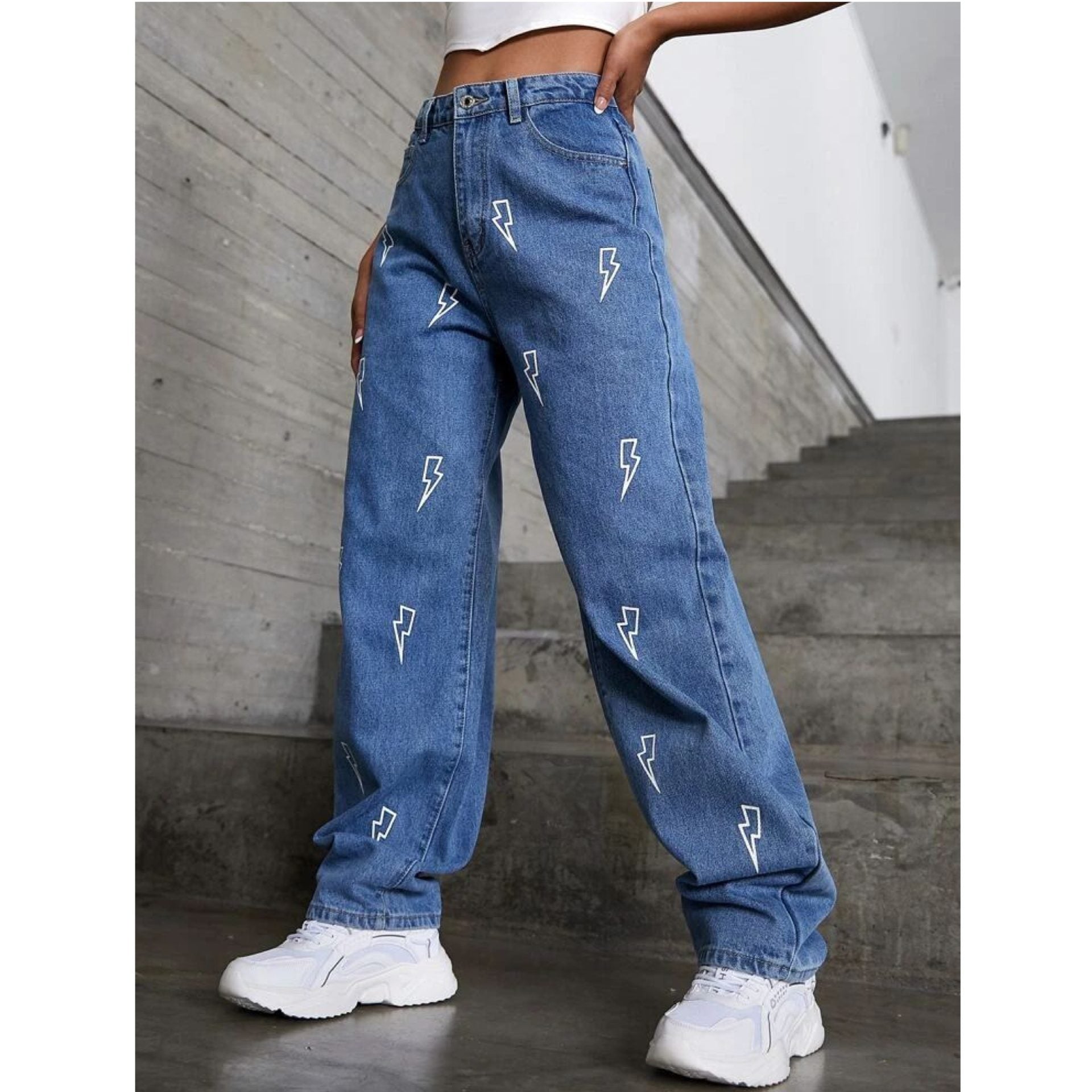 *New Arrival* Eelctric Sign Printed Wide Leg High Waist Jeans