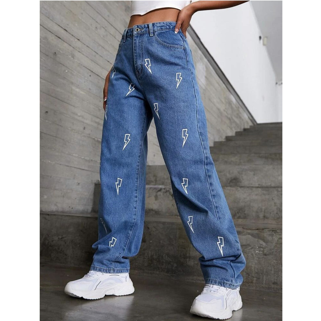 *New Arrival* Eelctric Sign Printed Wide Leg High Waist Jeans