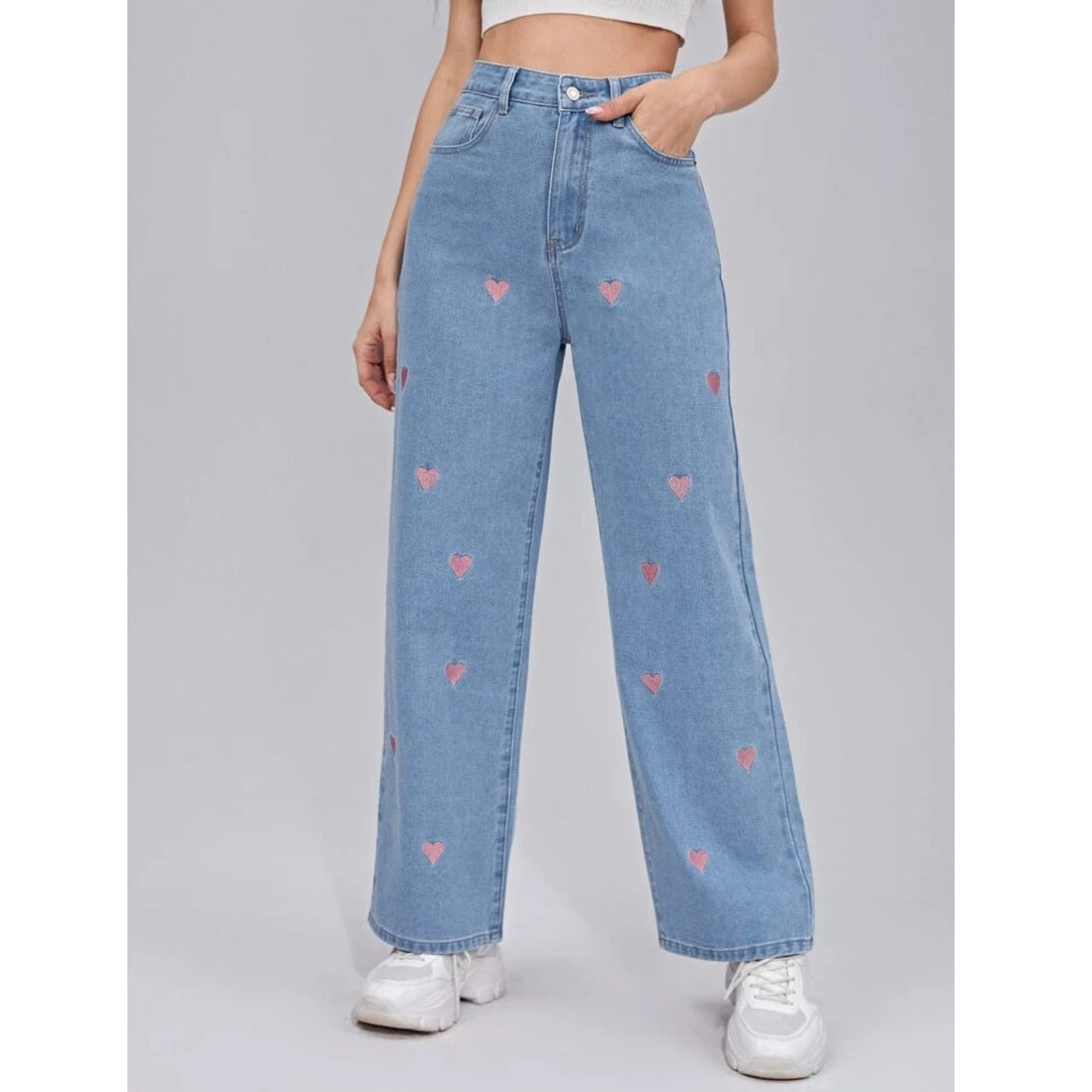 *New Arrival* Pink Heart Printed Wide Leg High Waist Jeans