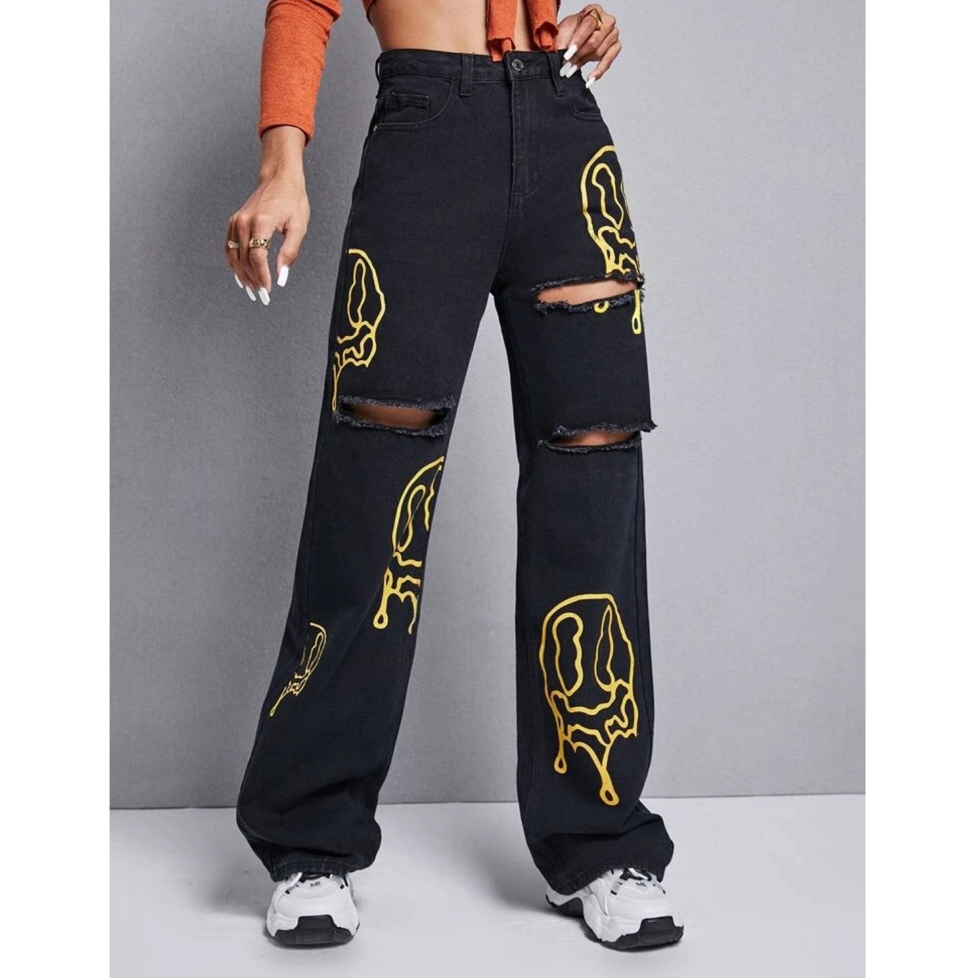 *New Arrival* Golden Smiley Printed Wide Leg High Waist Jeans