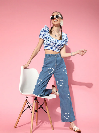 *New Arrival*Small Heart Printed Wide Leg High Waist Jeans