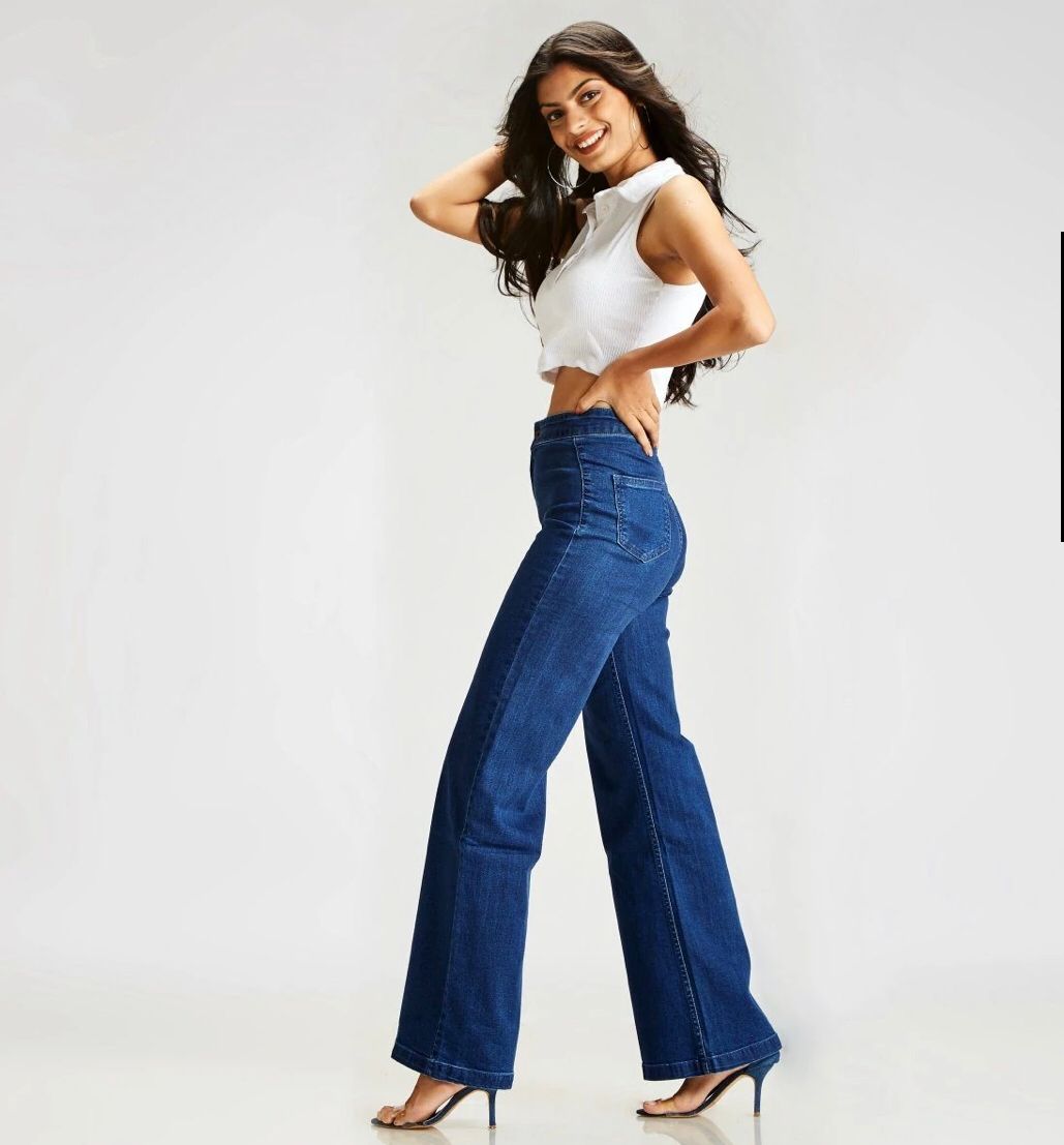Mid Blue Extreme Wide Leg High Waist Jeans