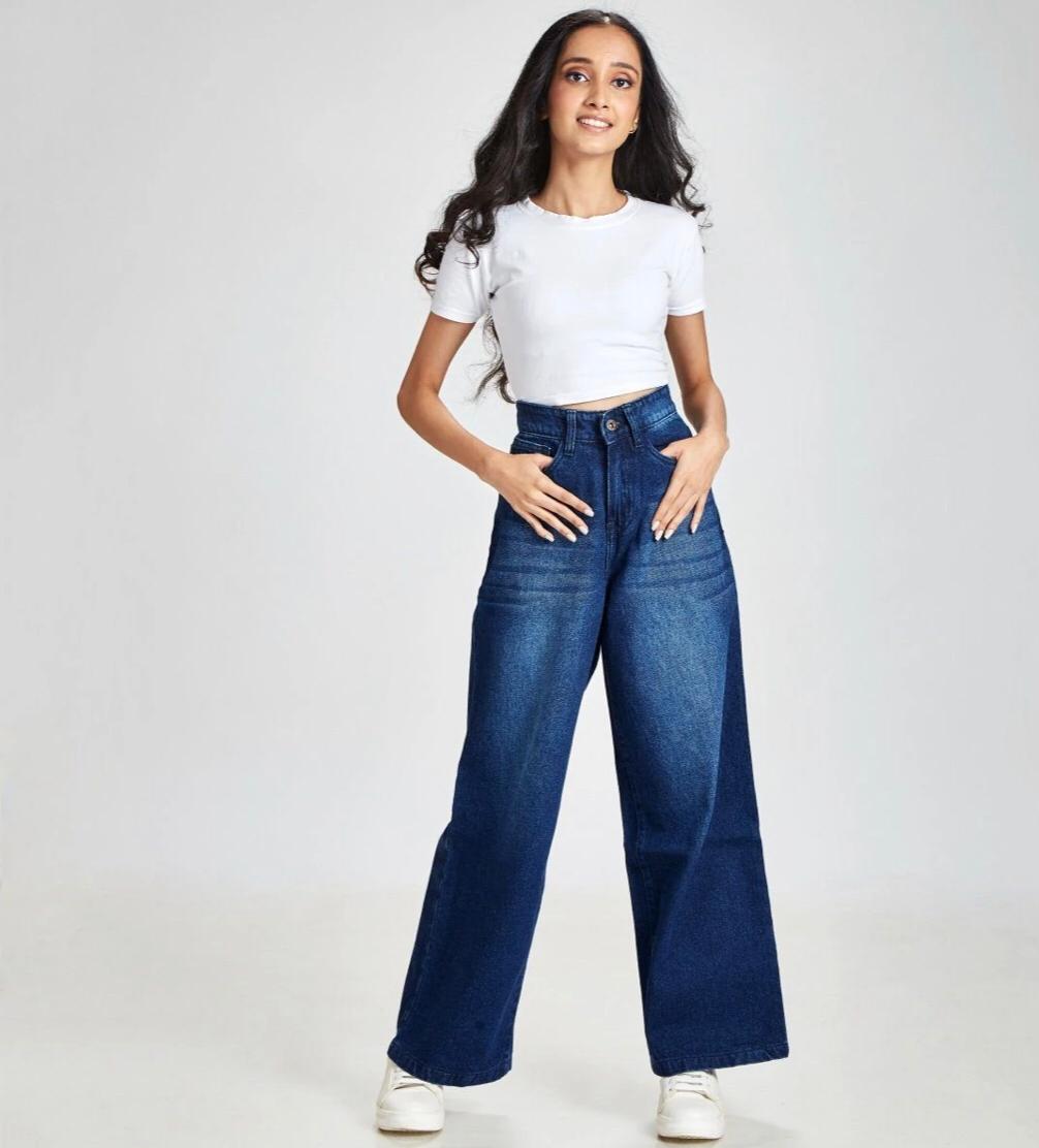 Dark Blue Wide Leg High Waist Jeans
