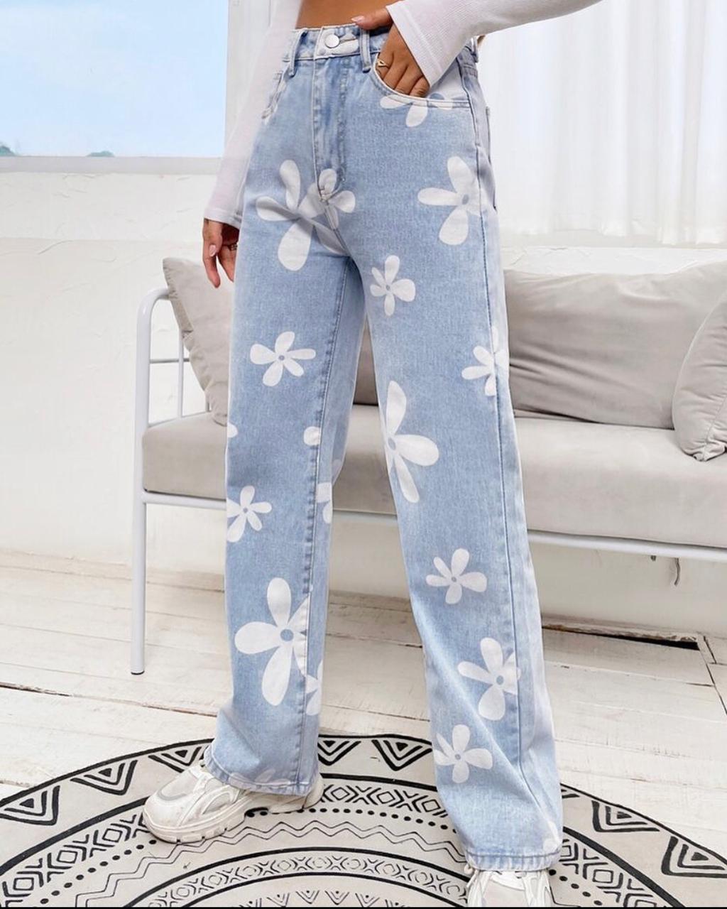 *Best Seller*Floral Printed Wide Leg High Waist Jeans