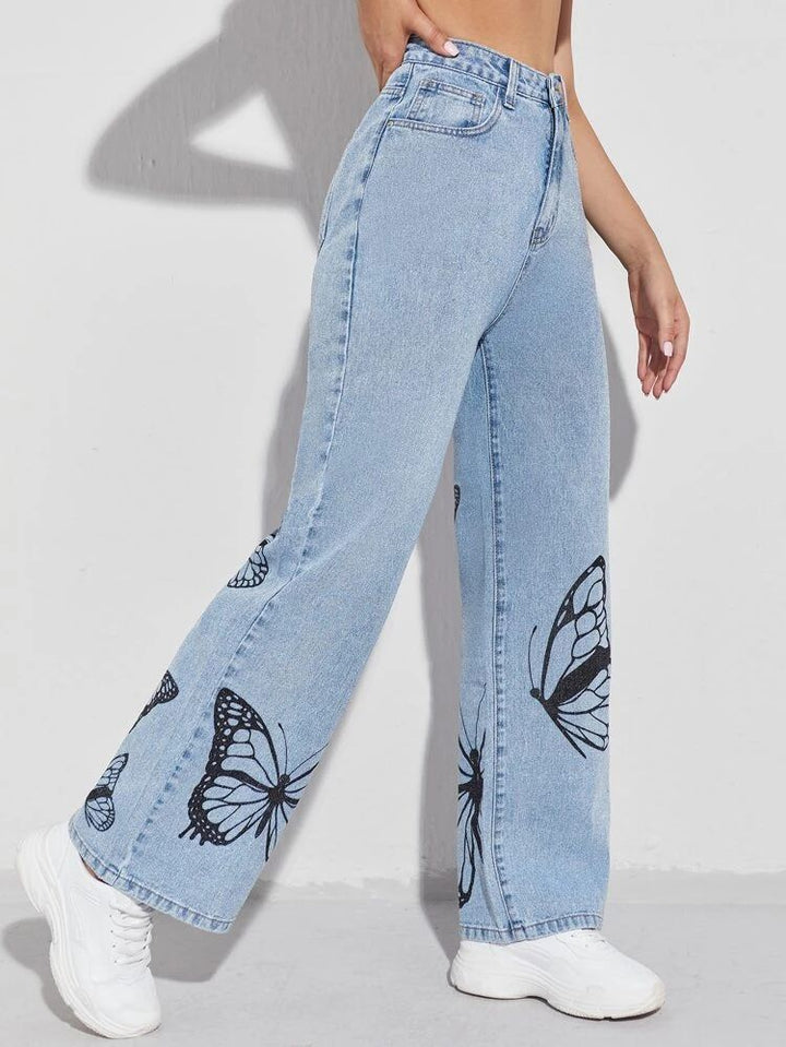 *Best Seller*Black Butterfly Printed Wide Leg High Waist Jeans