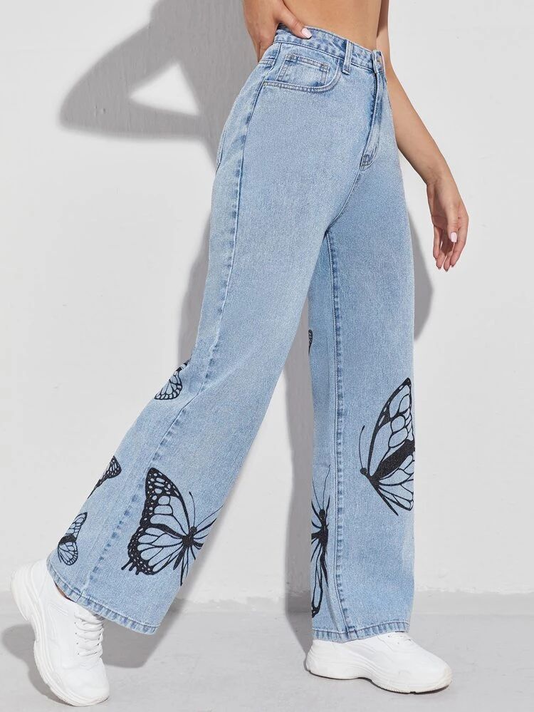 *Best Seller*Black Butterfly Printed Wide Leg High Waist Jeans