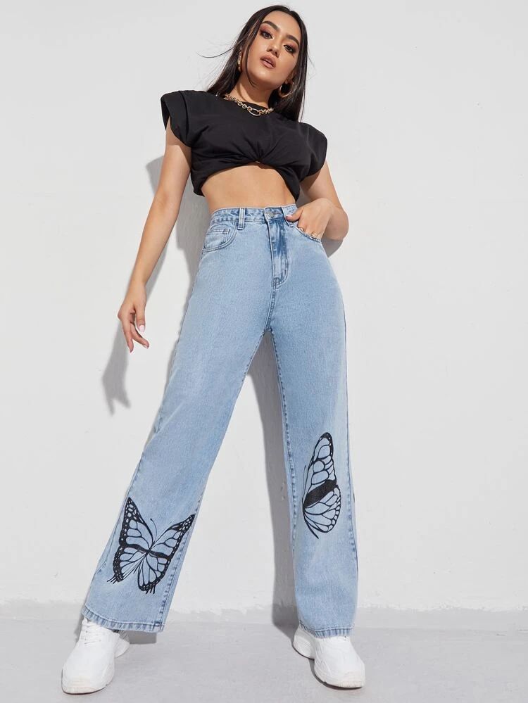 *Best Seller*Black Butterfly Printed Wide Leg High Waist Jeans