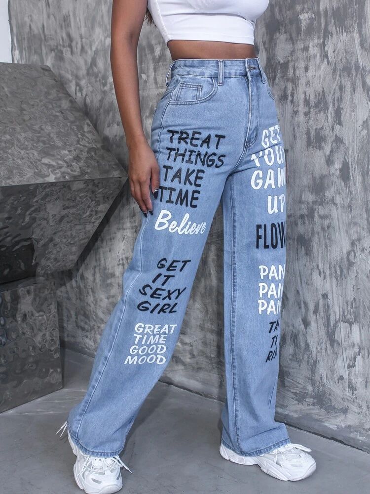 *Best Seller* Text Printed Wide Leg High Waist Jeans