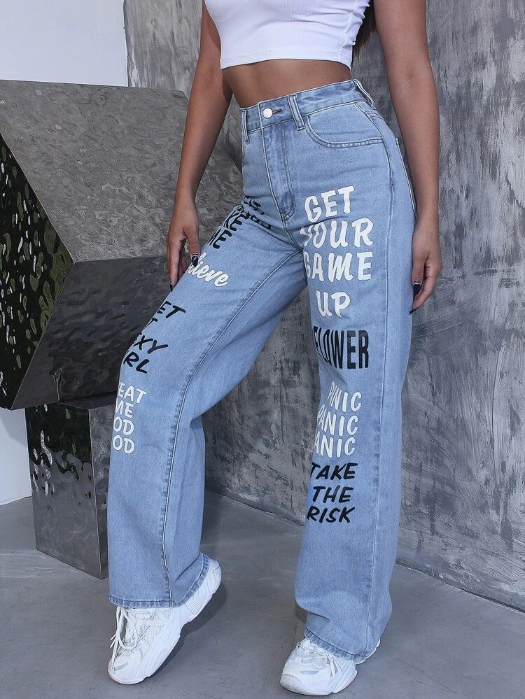 *Best Seller* Text Printed Wide Leg High Waist Jeans