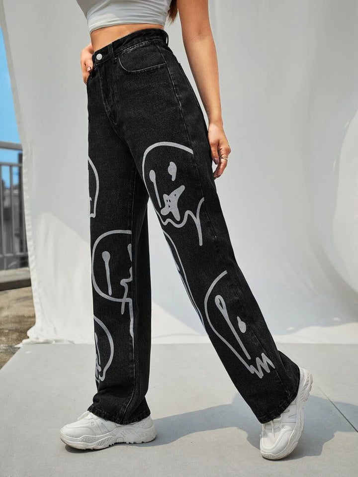 *Best Seller* Smiley Black Printed Wide Leg High Waist Jeans