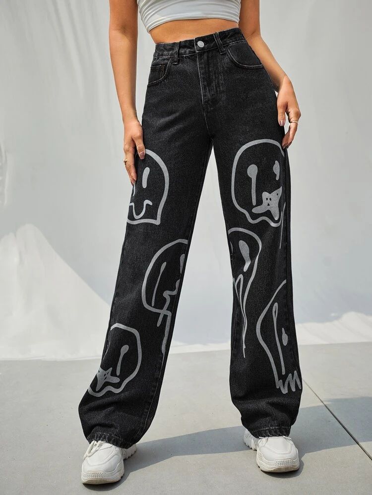 *Best Seller* Smiley Black Printed Wide Leg High Waist Jeans
