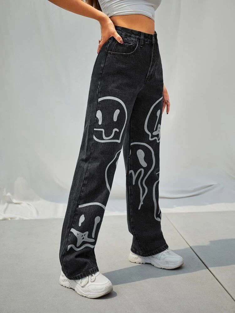 *Best Seller* Smiley Black Printed Wide Leg High Waist Jeans