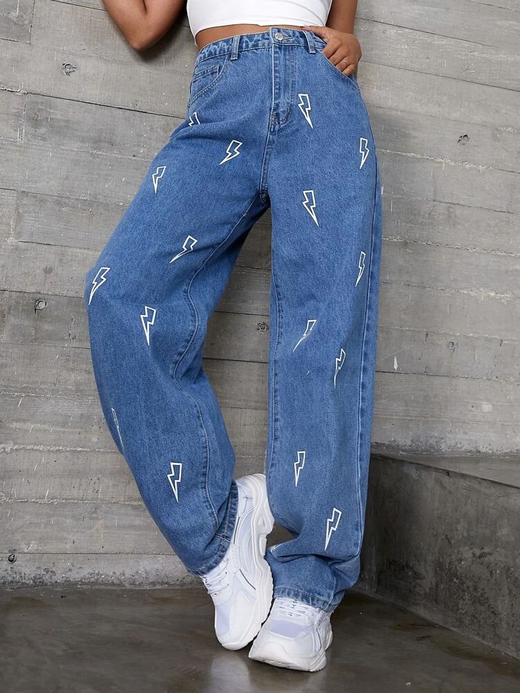 *New Arrival* Eelctric Sign Printed Wide Leg High Waist Jeans