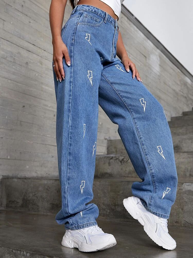 *New Arrival* Eelctric Sign Printed Wide Leg High Waist Jeans