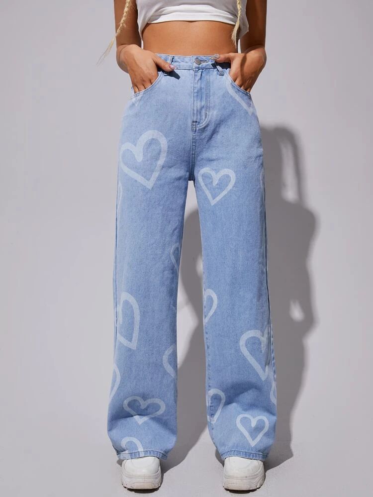 *New Arrival* All Hearts Printed Wide Leg High Waist Jeans