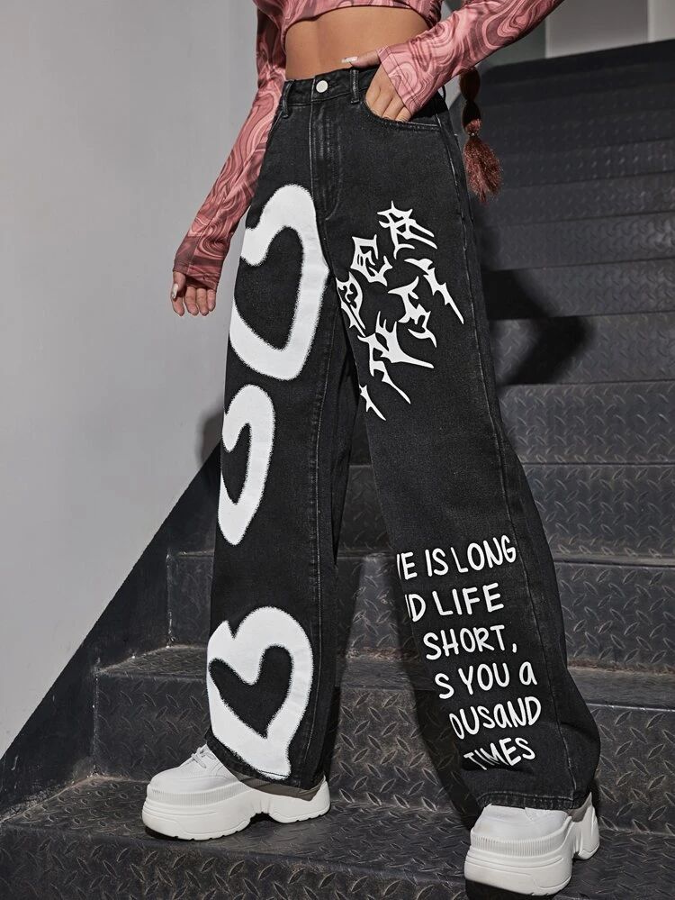 *New Arrival* Heart+Text Printed Wide Leg High Waist Jeans
