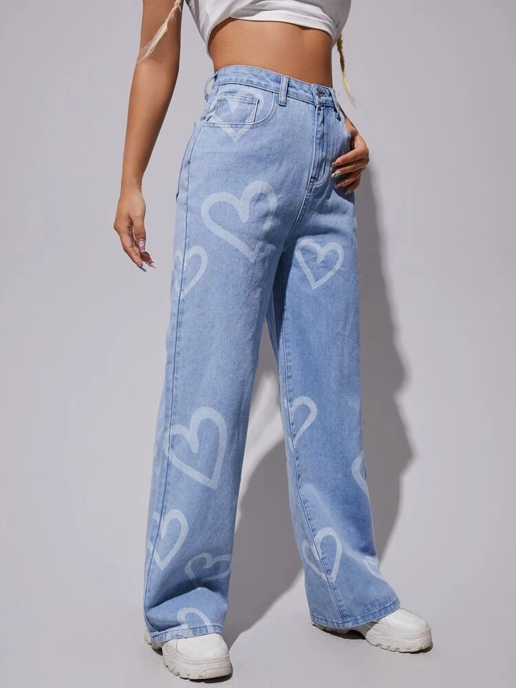 *New Arrival* All Hearts Printed Wide Leg High Waist Jeans