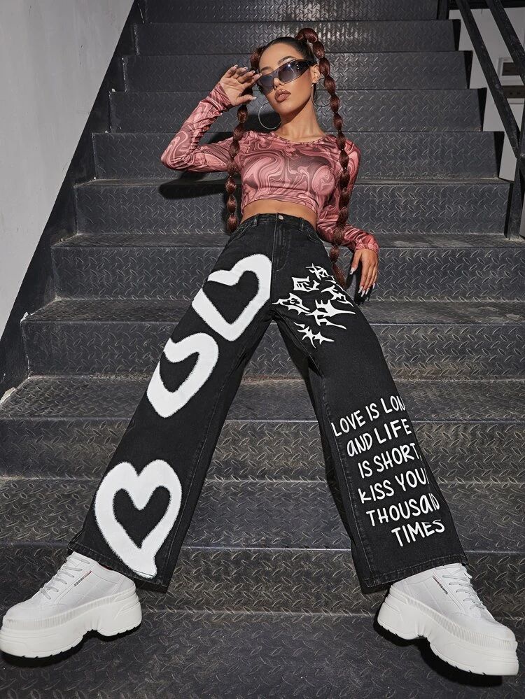 *New Arrival* Heart+Text Printed Wide Leg High Waist Jeans