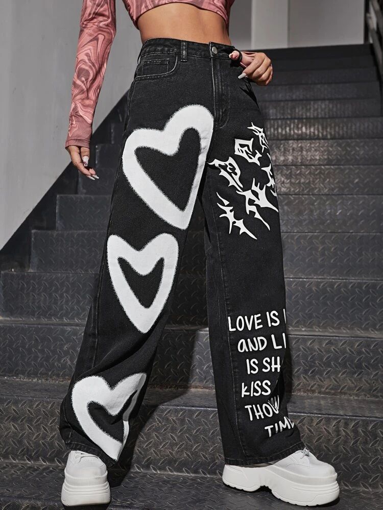 *New Arrival* Heart+Text Printed Wide Leg High Waist Jeans