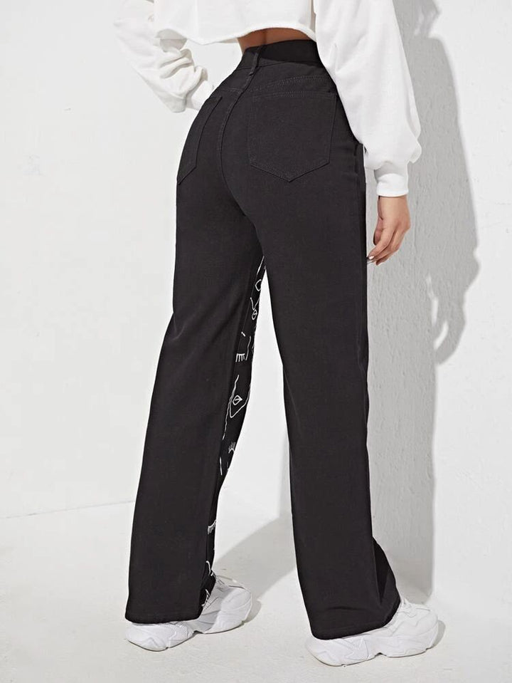 *New Arrival* Faces Printed Wide Leg High Waist Jeans