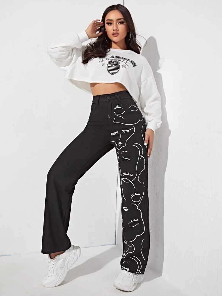 *New Arrival* Faces Printed Wide Leg High Waist Jeans