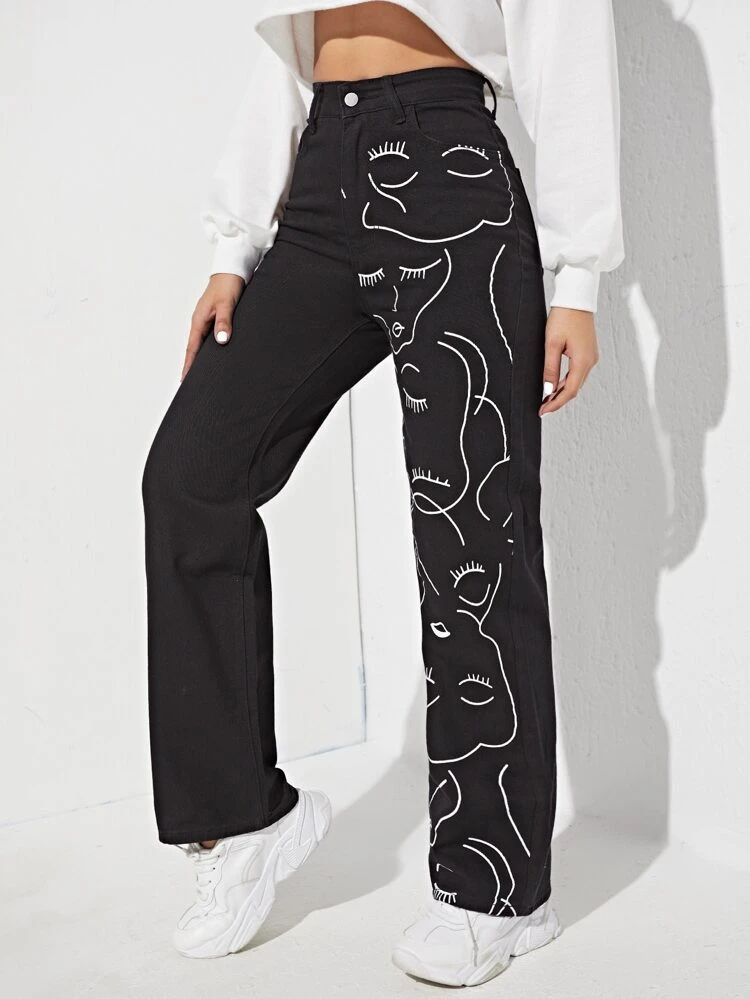 *New Arrival* Faces Printed Wide Leg High Waist Jeans