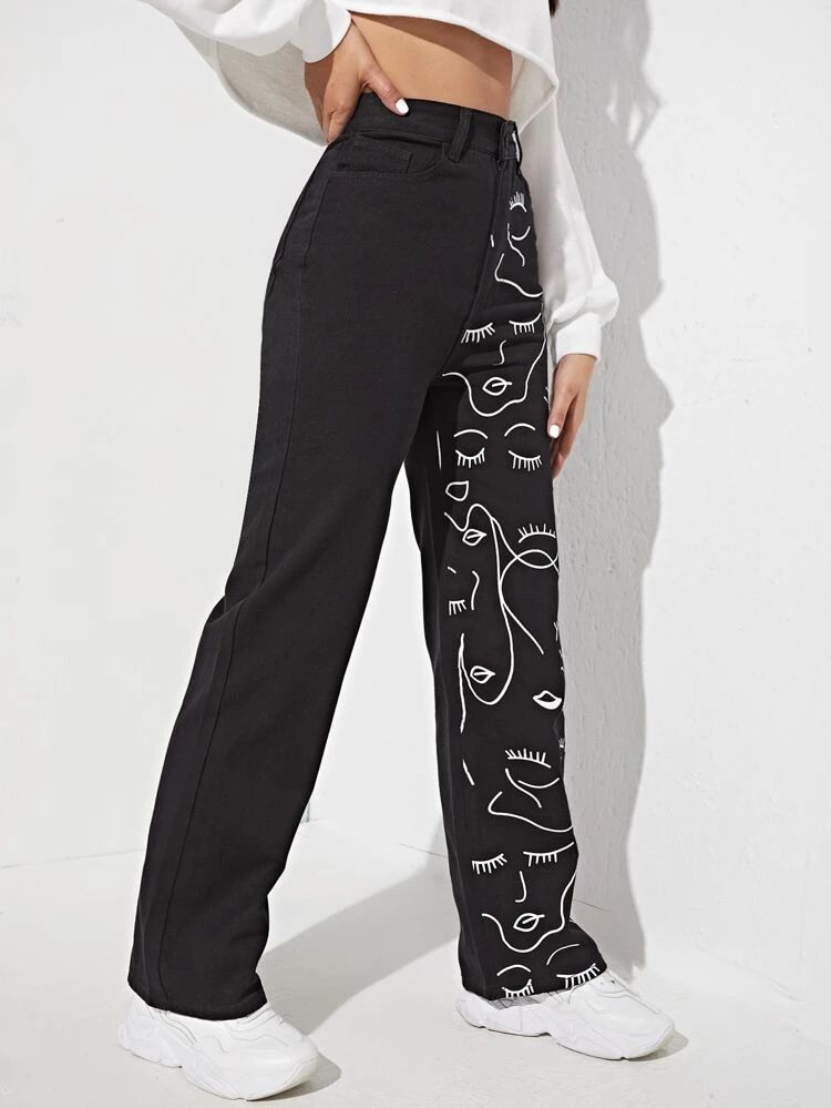 *New Arrival* Faces Printed Wide Leg High Waist Jeans