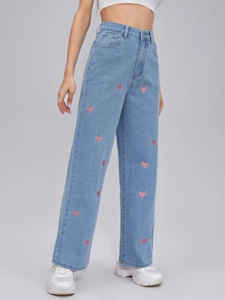 *New Arrival* Pink Heart Printed Wide Leg High Waist Jeans