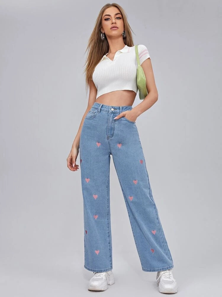 *New Arrival* Pink Heart Printed Wide Leg High Waist Jeans