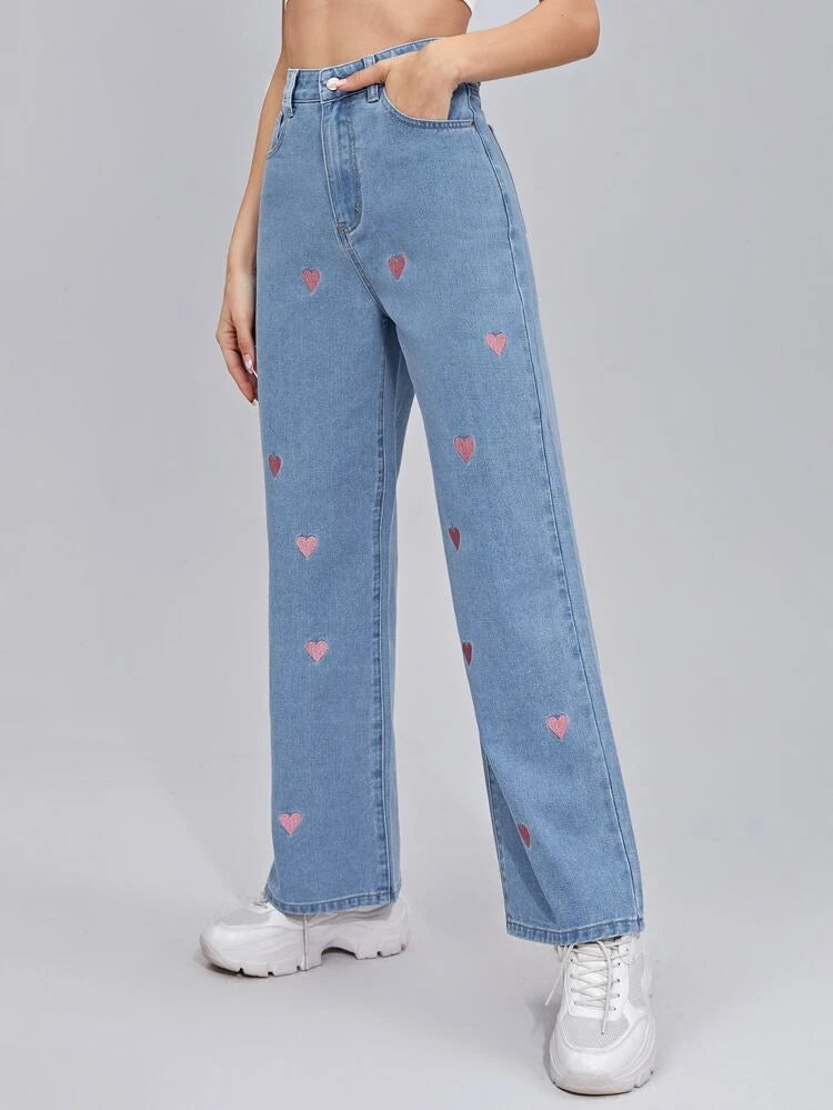 *New Arrival* Pink Heart Printed Wide Leg High Waist Jeans