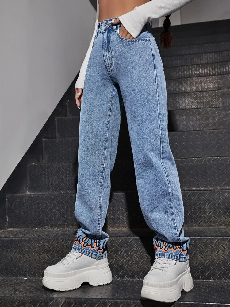 *New Arrival* Flame Printed Wide Leg High Waist Jeans