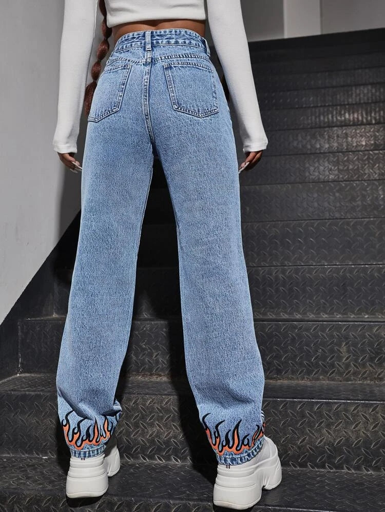 *New Arrival* Flame Printed Wide Leg High Waist Jeans