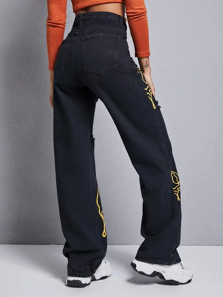 *New Arrival* Golden Smiley Printed Wide Leg High Waist Jeans
