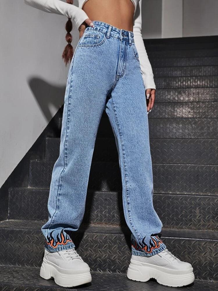 *New Arrival* Flame Printed Wide Leg High Waist Jeans