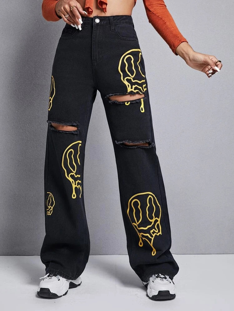 *New Arrival* Golden Smiley Printed Wide Leg High Waist Jeans