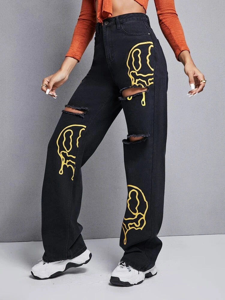 *New Arrival* Golden Smiley Printed Wide Leg High Waist Jeans