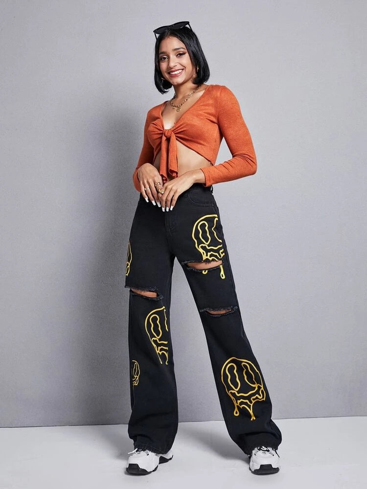 *New Arrival* Golden Heart Printed Wide Leg High Waist Jeans
