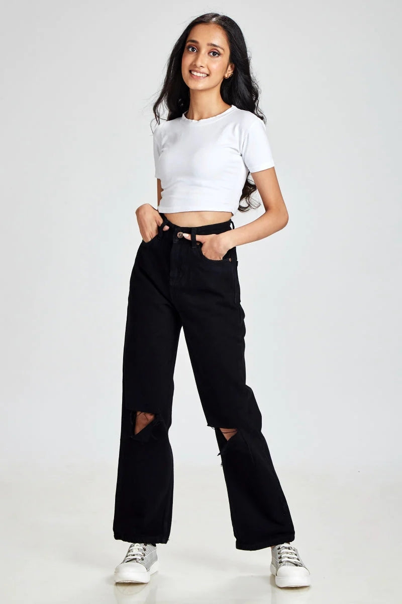 *New Arrival* Black Ripped Wide Leg High Waist Jeans