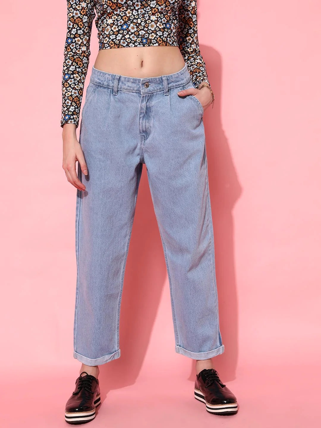 Light Blue Folded High Waist Jeans