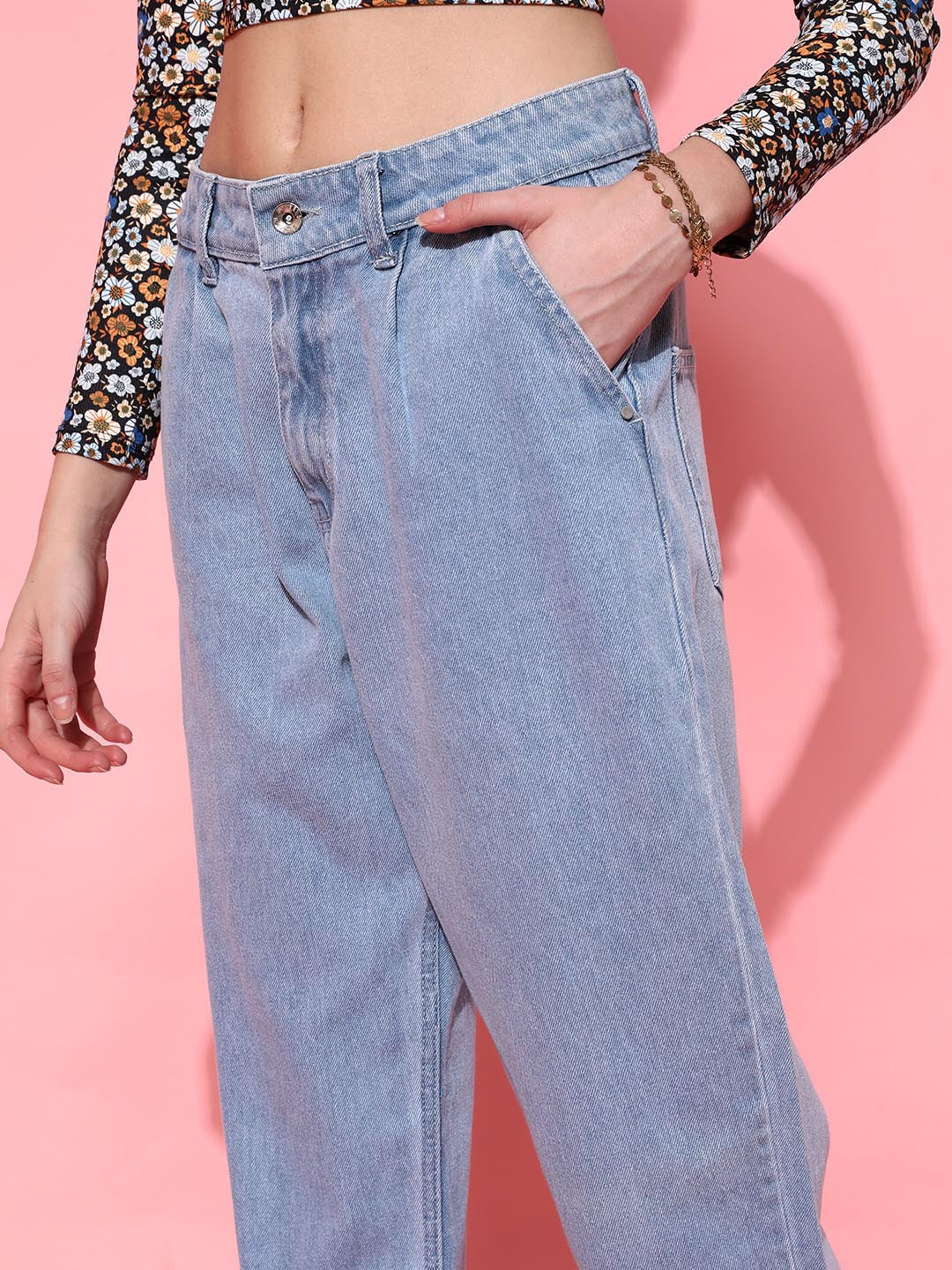 Light Blue Folded High Waist Jeans