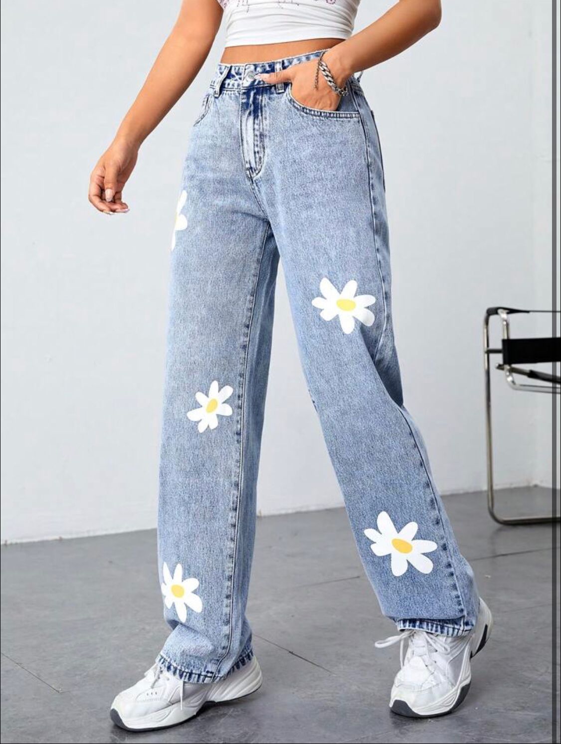 Best Seller Flowers Blue Printed Wide Leg High Waist Jeans