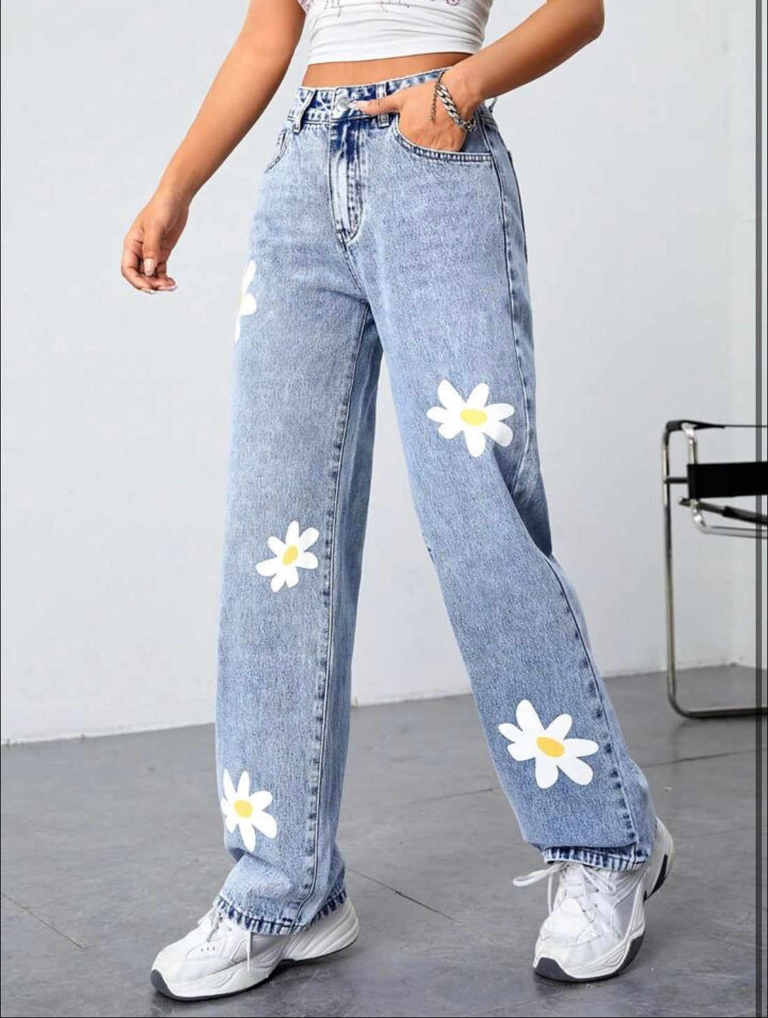Best Seller Flowers Blue Printed Wide Leg High Waist Jeans