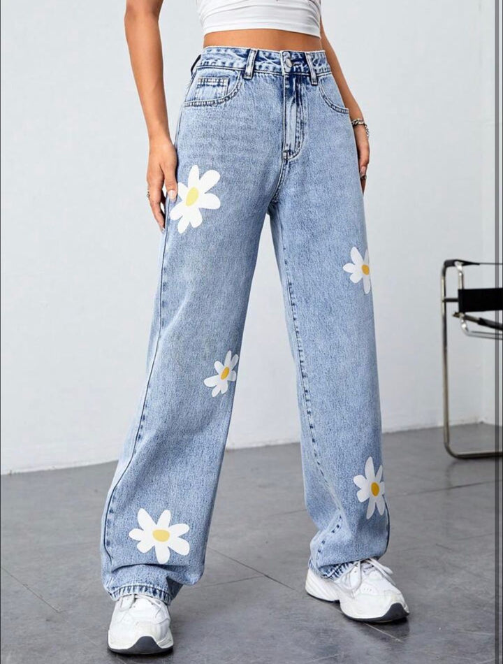 Best Seller Flowers Blue Printed Wide Leg High Waist Jeans