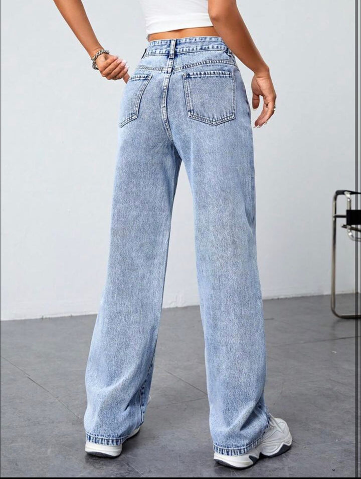 Best Seller Flowers Blue Printed Wide Leg High Waist Jeans